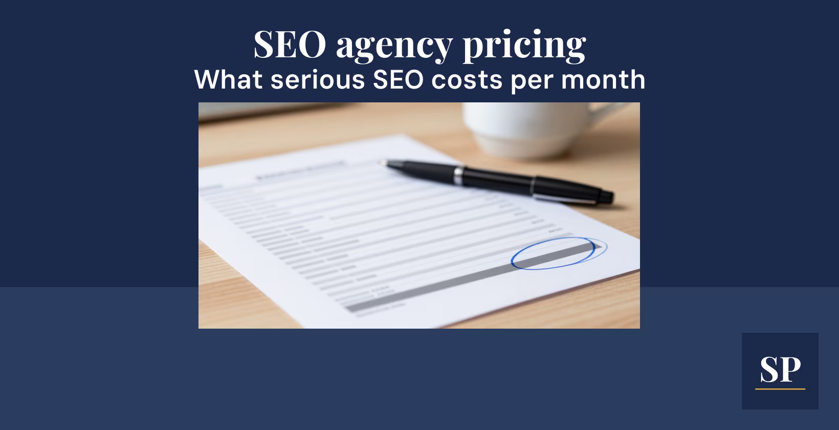 SEO agency quote printed on a desk, monthly amount circled in pen