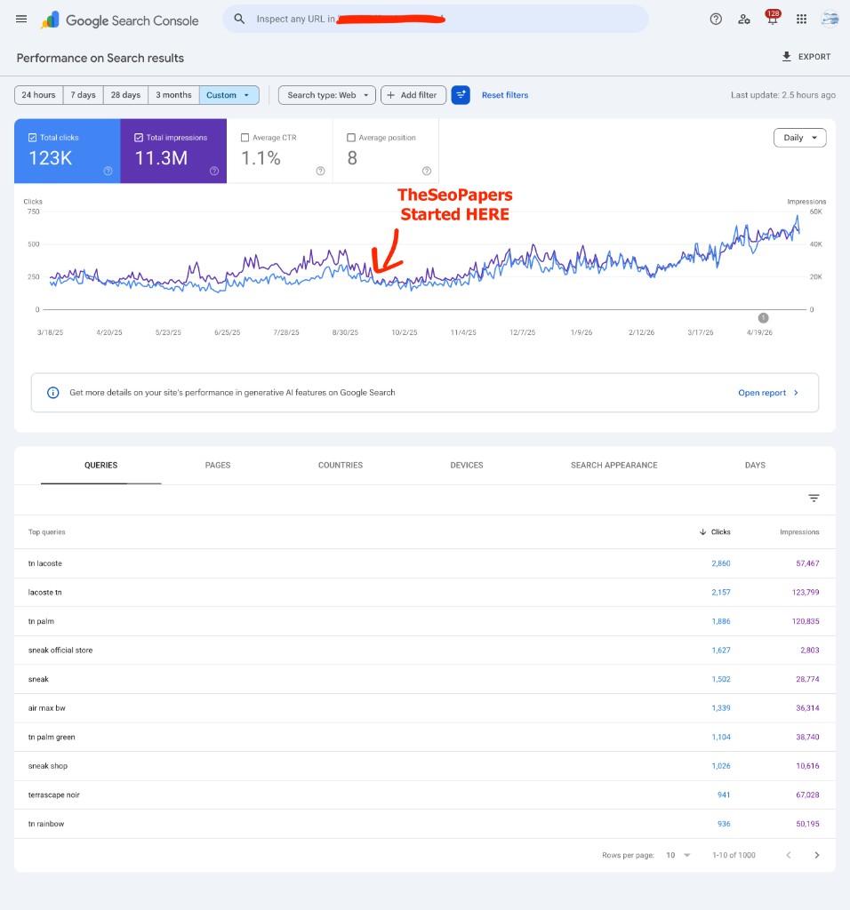 Google Search Console chart showing 123K clicks and 11.3M impressions for a D2C sneaker brand after The SEO Papers started